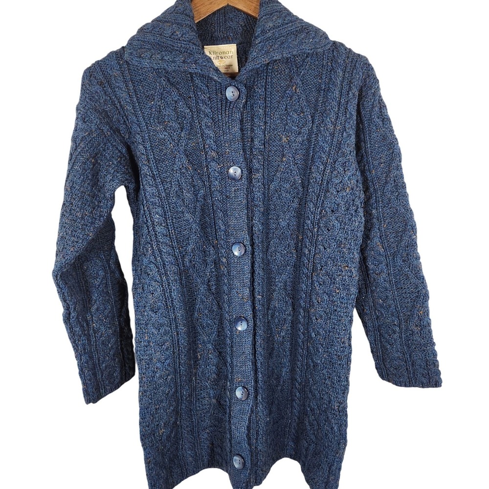NWOT Kilronan Knitwear Blue Wool Cable Knit Cardigan Made in Ireland Size Small